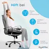 A woman is stretching while sitting in an office chair, with icons and text describing the benefits of a product. Produktbild-Vorschau
