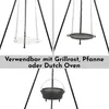 A collage showing a tripod with different cooking accessories: a grill grate, a pan, and a Dutch oven. Produktbild-Vorschau