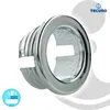 A close-up studio shot of a chrome overflow cover for a sink. Produktbild-Vorschau