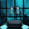 The image shows a pair of black wireless earbuds with transparent casings revealing internal circuitry, displayed against a dark, grid-like background with futuristic, silhouetted figures and abstract light effects. A black charging case is positioned in t Produktbild-Vorschau