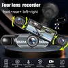 A product image showcasing a four-lens car dashcam with its features highlighted. Produktbild-Vorschau
