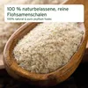 A wooden spoon filled with psyllium husks, with text overlay. Produktbild-Vorschau