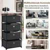 A collage showing a black fabric drawer storage unit with a wooden top, and four inset images demonstrating its use in different rooms: a bedroom, a living room, a home office, and an entryway. Podgląd zdjęcia produktu