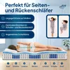 A mattress with a person lying on it, illustrating its features and benefits for side and back sleepers. Produktbild-Vorschau