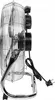 A side view of a chrome floor fan. Voir les images du produit