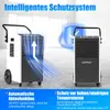Two de-humidifiers are shown in a room setting with promotional text and graphics. Produktbild-Vorschau