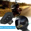 A motorcycle rider on a road with a Bluetooth headset and helmet shown in the foreground. Produktbild-Vorschau