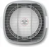 Top-down view of a white and gray fan with a grille and a circular label in the center. Podgląd zdjęcia produktu