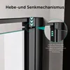 Close-up of a shower door mechanism with arrows indicating movement and text describing its function. Produktbild-Vorschau