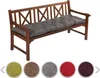 A wooden bench with a gray cushion on it, displayed on a white background. Below the bench are swatches of different cushion colors. Produktbild-Vorschau