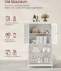A white bathroom cabinet with its doors open, displaying various items inside, with icons and text on the left highlighting storage possibilities. Produktbild-Vorschau