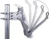 A satellite dish mount attached to a pole, with ghosted images showing its adjustable range. Produktbild-Vorschau