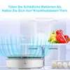 A small white device is placed inside a refrigerator, emitting blue air currents. There are vegetables and eggs on the shelves. Produktbild-Vorschau