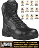 A black Magnum Stealth Force 8.0 leather safety boot is shown from the front, with various safety icons and text overlays. Produktbild-Vorschau