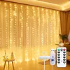 A room decorated with string lights draped over sheer curtains, with a small table holding decorative Christmas trees and a star. Anteprima dell’immagine prodotto