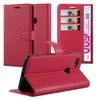 Multiple views of a red smartphone flip case, including one view showing credit cards and banknotes inside. Náhled obrázku produktu