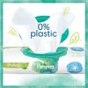 A close-up shot of Pampers Harmonie Aqua baby wipes, highlighting their plastic-free composition and water content. Produktbild-Vorschau