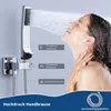 A woman is showering with a modern showerhead system, with feature callouts. Produktbild-Vorschau