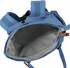 The inside of a blue backpack is shown, with straps and zippers visible. Voir les images du produit