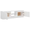 A white TV stand with two doors open, revealing shelves and hinges. Produktbild-Vorschau