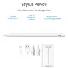 A white stylus pencil with accessories and text describing its features. Produktbild-Vorschau