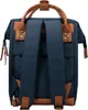 The back view of a navy blue backpack with brown leather accents. Produktbild-Vorschau
