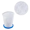A white filter bag with a blue rim is shown against a white background. A magnified view of the filter material is shown in a circle in the upper right corner. Produktbild-Vorschau