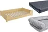 A collage of three different dog beds: a wooden slatted frame, a dark gray padded mattress, and a light gray plush bed with bolsters. Anteprima dell’immagine prodotto