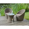Two wicker chairs and a small glass-topped table are set up on a wooden deck next to a body of water with tall reeds. Produktbild-Vorschau