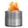 A stainless steel fire pit with flames burning inside, presented on a white background. Produktbild-Vorschau