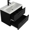 A black bathroom vanity with a white sink and a black faucet, shown with two drawers pulled out. Voir les images du produit