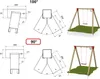 Diagrams and rendered images of a swing set, illustrating different angles and dimensions. Produktbild-Vorschau