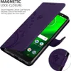 A purple flip case for a Motorola phone is shown open, displaying the phone's screen and some of its features. The case has a floral pattern. Náhľad obrázku produktu