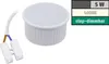 A white LED light module with attached wires and connectors, next to a graphic overlay with product specifications. Produktbild-Vorschau
