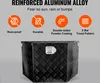 A black aluminum alloy toolbox with a diamond plate pattern is shown from a slightly elevated front-diagonal angle. Above the toolbox, there are four orange circular icons with white symbols and text describing features of the toolbox. Podgląd zdjęcia produktu