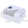 A white mechanical humidity controller (hygrostat) is shown from a diagonal angle on a white background. Dimensions are indicated with white text and black lines. Anteprima dell’immagine prodotto