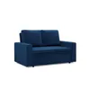 A dark blue sofa with a pull-out bed function.