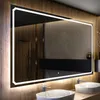 A modern bathroom vanity with two sinks and a large illuminated mirror. Produktbild-Vorschau