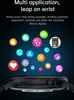 A close-up side view of a black smartwatch with various app icons floating above it, against a dark background. Náhled obrázku produktu