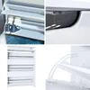 A collage of images showing a white shoe cabinet with multiple shelves and a close-up of its opening mechanism. Produktbild-Vorschau