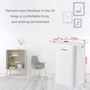 A white dehumidifier is shown in a room with a bookshelf and a chair. Text overlays describe its features and dimensions. Produktbild-Vorschau