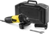 An angle grinder and its accessories are displayed on a white background, with a black carrying case in the background. Produktbild-Vorschau