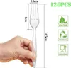 A hand holding a clear plastic fork with dimensions indicated. Produktbild-Vorschau