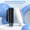 Two portable digital microscopes, one black and one white, are displayed on a white surface with large blue abstract shapes in the background. Produktbild-Vorschau