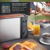 A collage showing a toaster with breakfast items and a family enjoying breakfast. Voir les images du produit