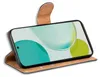 A smartphone in a brown flip case, shown from a slight angle. Produktbild-Vorschau