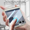 A hand holding a gold flip phone case with a screen protector. Produktbild-Vorschau