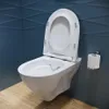 A white toilet with the lid up, mounted on a blue tiled wall, with a roll of toilet paper on a holder to the right. The floor is made of light brown wooden planks. Produktbild-Vorschau