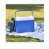 A blue and white cooler box is placed on a white blanket on the grass, with a backpack and a bottle of drink next to it. Produktbild-Vorschau