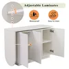 A white cabinet with its doors open, showcasing its interior and adjustable shelves. Text and icons highlighting product features are present. Podgląd zdjęcia produktu